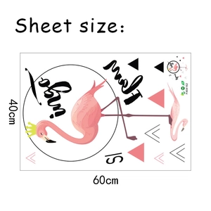 Detail showing hand-drawn geometric flamingo wall sticker layout and 60x40cm dimensions