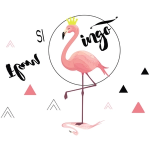 Artistic flamingo wall sticker with geometric pink triangles and yellow crown design