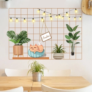 Wall decals set with cat grid lights and green plants for dormitory desk wall decor