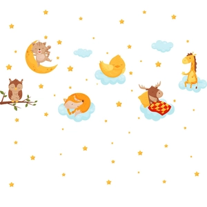 Cartoon moon animals wall stickers with fox, cat and giraffe for nursery decor