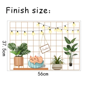 Detail view of cat and plants wall stickers with sunshine hanging decor and dimensions