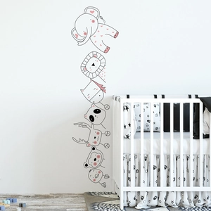 Cartoon animal stacking wall stickers in black and white for nursery decoration