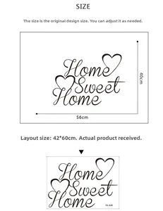 Detailed dimensions of Home Sweet Home wall sticker showing layout and finished size