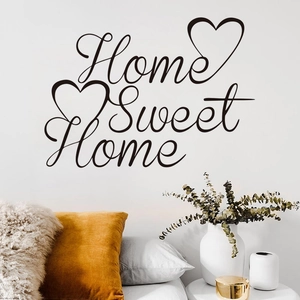 Minimalist Home Sweet Home wall decal with black script lettering and heart icons