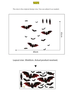 Layout and size details for Halloween bat wall stickers with red wings and black bodies