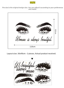 Detailed size chart for eyelash woman wall decal showing 62x110cm layout and dimensions