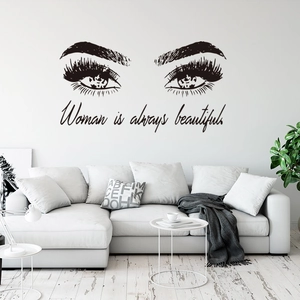 PVC Eyelash Wall Sticker Woman Is Always Beautiful Quote Eyes Decal For Bedroom Living Room Home Decor Beauty Salon Art