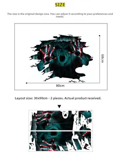 Detail showing 3D zombie hand wall decal layout with 90x68cm size specifications