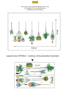 Detail showing 130x66cm layout of green potted plant wall stickers in PVC material