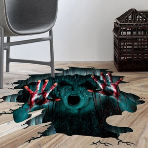 3D Halloween floor decal featuring a scary zombie hand and face emerging from cracks