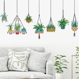 Nordic Hand-painted Potted Plants Hanging Baskets Wall Stickers Removable PVC Botanical Decorative Decals For Home Office