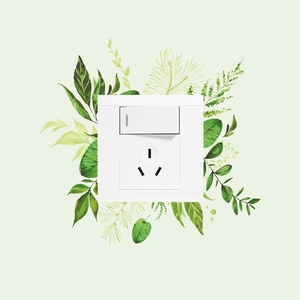 Detail of single switch with three-hole socket featuring green leaf wall decor