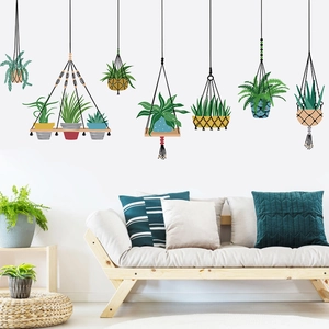 Green hanging potted plants wall stickers set for living room wall decoration