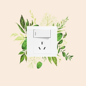 Macro detail of Nordic plant wall sticker on a white single switch and socket panel