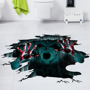 Detailed view of 3D Halloween zombie floor sticker with bloody hands on bathroom tiles