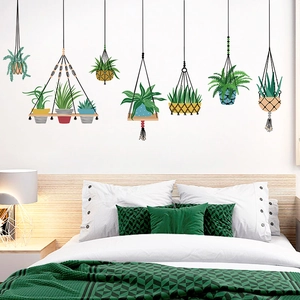 Modern PVC wall sticker featuring hanging potted plants for home bedroom decoration