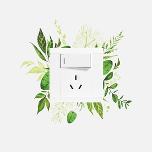 Minimalist white combination light switch and socket with green leaf wall sticker decor