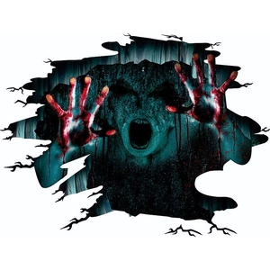 Detailed 3D view of Halloween screaming zombie wall sticker with bloody hands popping out