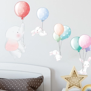 Cute cartoon elephant and rabbits with balloons self-adhesive wall stickers for nursery decor