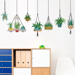 Hand-painted green potted plant wall stickers in Nordic style for interior decoration