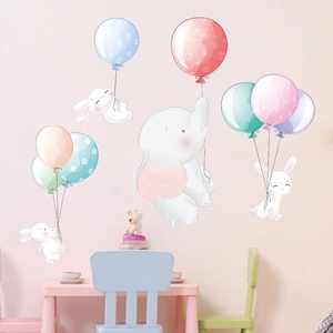 Cartoon elephant and bunny balloons wall stickers for nursery and kids bedroom decor