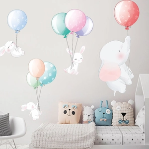 Cartoon elephant and bunny wall stickers with colorful balloons for kids bedroom decor