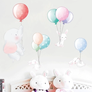 Cartoon elephant and bunny wall stickers with colorful balloons for kids bedroom decor
