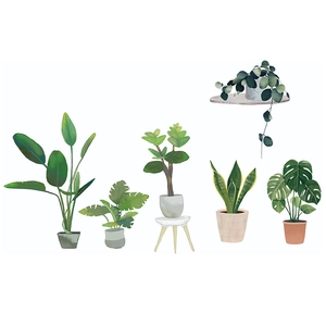 Detail view of Scandinavian style plant wall stickers with monstera and snake plant