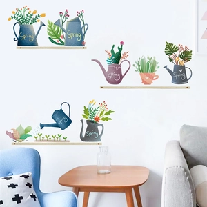 Fresh green cactus and flower watering can wall stickers for cozy home living room decor