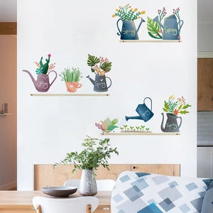 Fresh green potted cactus wall decals with spring watering cans for home wall decor