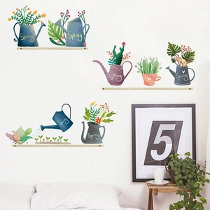 Fresh green potted cactus and spring watering can self-adhesive wall stickers for home decor