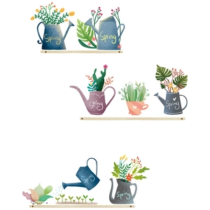 Detail of green cactus and succulent plant wall stickers with colorful watering cans