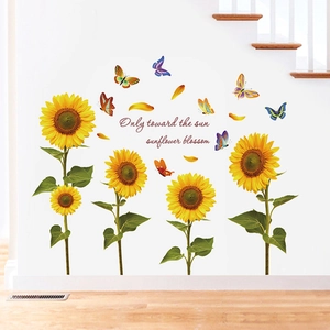 Handgemalte Sonnenblumen Wandtattoo mit Schmetterlingen und dekorativem Schriftzug