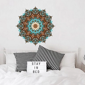 Self-adhesive mandala wall sticker with blue and brown geometric patterns for home decor