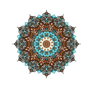 Close-up of mandala wall sticker with intricate turquoise and brown floral patterns