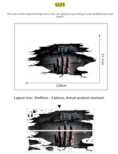 Detailed dimension layout for 3D Halloween wall stickers showing 110x53.7cm final size