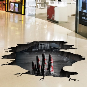 3D Halloween floor decal featuring a creepy hand emerging from a cracked ruin hole