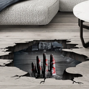 3D Halloween zombie hand wall sticker featuring realistic cracked floor ruins effect