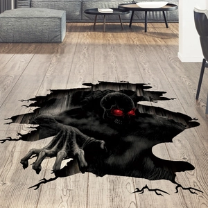 3D realistic Halloween floor decal showing a skull ghost emerging from cracked wood floors