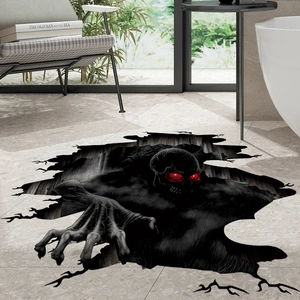 3D Halloween floor decal featuring a red-eyed monster emerging from a ground crack