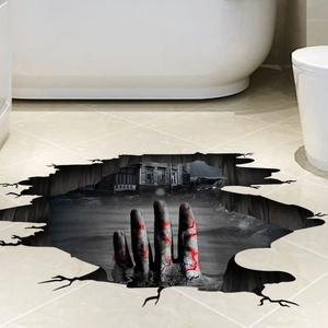 Halloween 3D zombie hand floor sticker with spooky ruins for home bathroom decoration