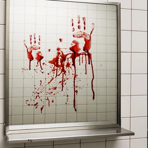 Realistic Halloween bloody handprints wall stickers with dripping blood splatters on tiles