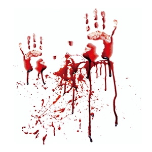 Detail of realistic Halloween bloody handprints stickers with red splatter and drips