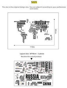 Detailed size guide showing world map wall sticker dimensions 110x69cm and layout