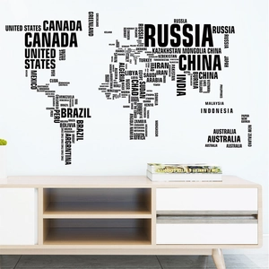 Modern black world map wall sticker made of creative country names typography art