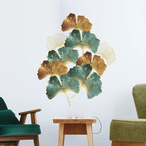 Decorazione da parete moderna con foglie di ginkgo in metallo verde e oro per casa