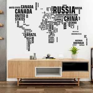 Minimalist black vinyl world map wall decal made of country names for living room decor