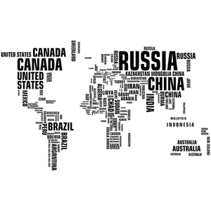 Detailed view of black typographic world map wall decal made of country names on white background