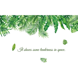 Detail of Nordic tropical watercolor leaves wall decal with elegant English text