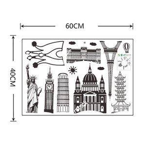 Macro detail of world landmarks wall sticker layout showing dimensions 60cm by 40cm